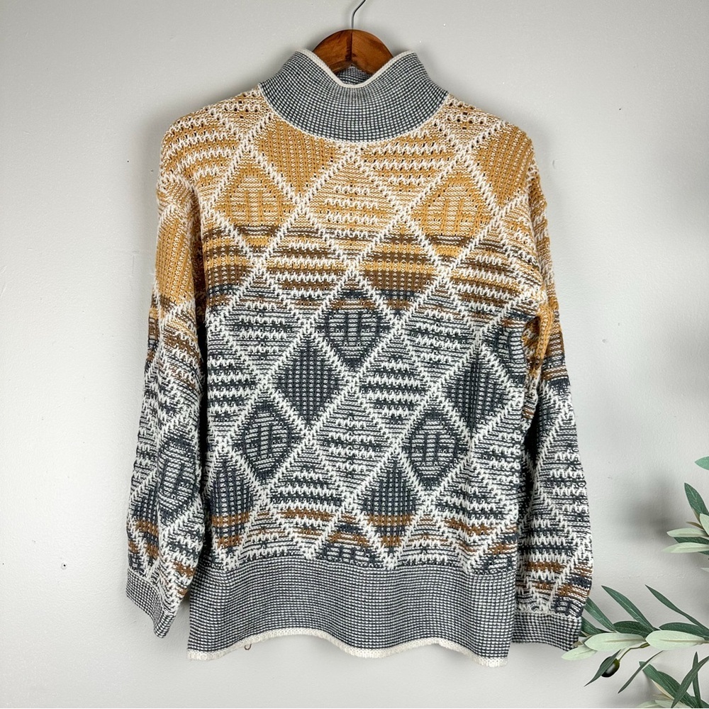HEM & THREAD Aztec Mock Turtleneck Geometric Textured Patterned Sweater Pullover - Picture 4 of 10
